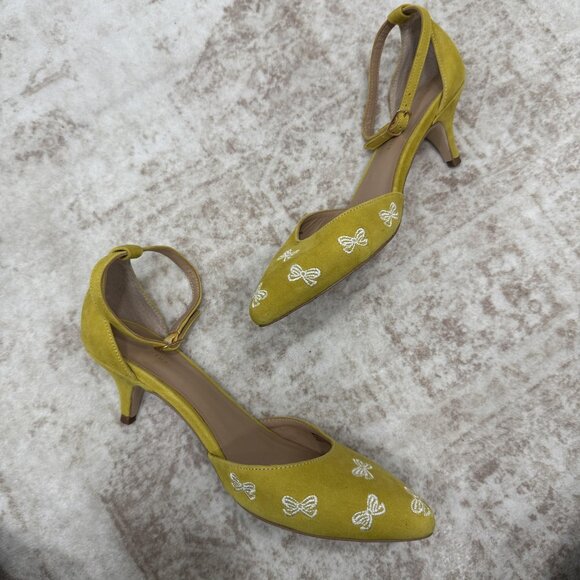 Anthropologie Shoes Womens Size 8 Yellow Ankle Strap Heels Bow Embroidered - Picture 5 of 12